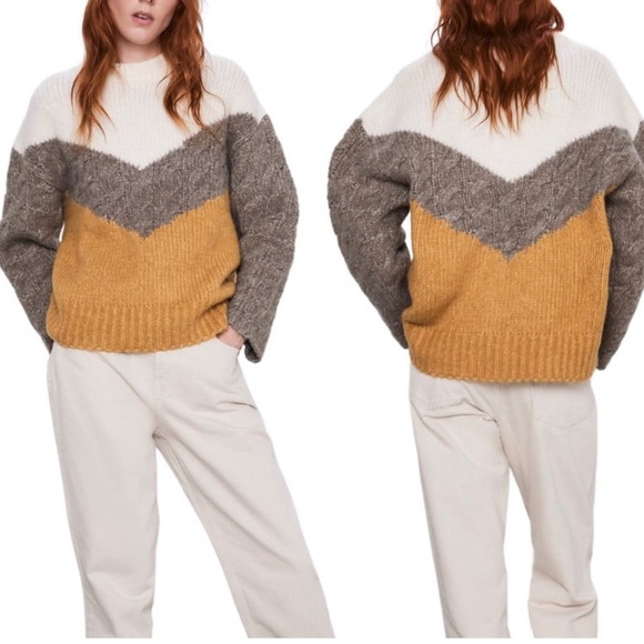 Zara Sweaters - ZARA Colorblock Chevron Knit Academia Crewneck Pullover Sweater Size Small